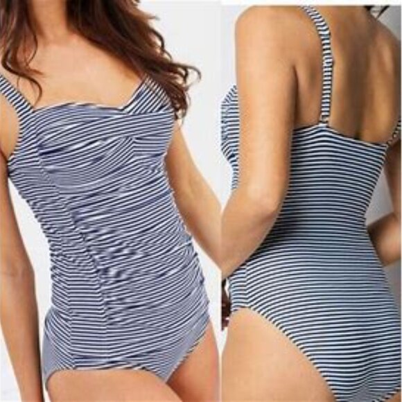 NIP TUCK Size 10 Blue White Striped Multi Fit Cup One Piece Bathing Swimsuit - Picture 1 of 9